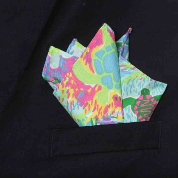 Gascoigne Hand Stitched Pocket Square Multicolor Sea Turtles Pattern Men… - Picture 2 of 2